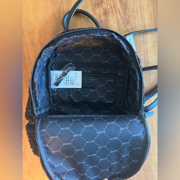 Aldo Women’s Black Sherpa Fleece Mini Backpack Adjustable Faux Leather Trim - Picture 3 of 8